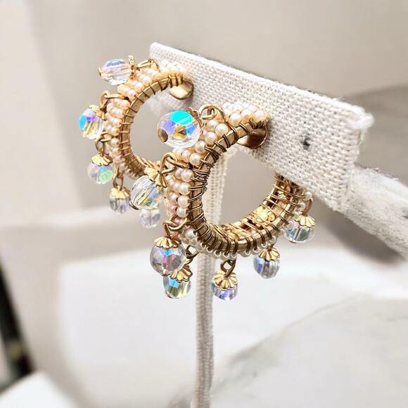 Vintage Miriam Haskell Hoop Earrings Faux Pearls & AB Crystal Drops 1969s Hoops - Picture 3 of 10
